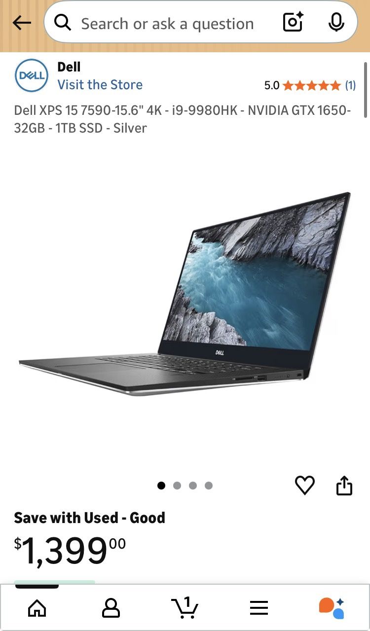 Dell XPS 15 7590-15.6" 4K - i9-9980HK - NVIDIA GTX 1650-32GB - 1TB SSD - Silver