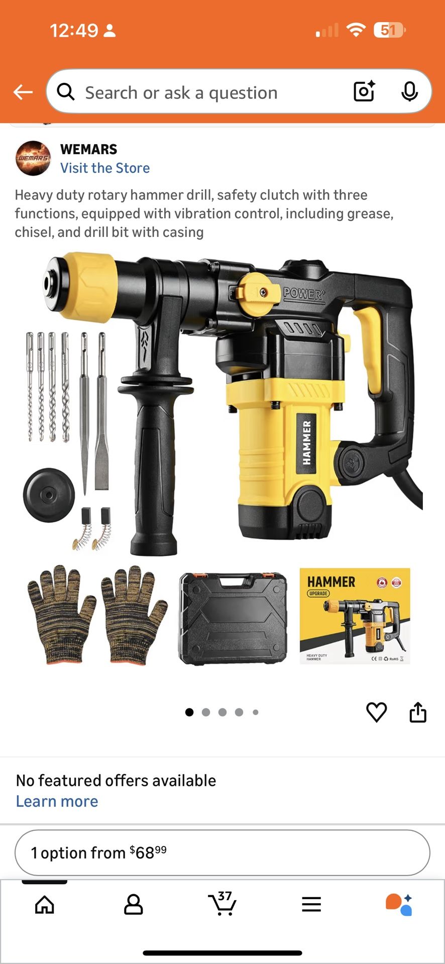 Heavy duty rotary hammer drill, safety clutch with three functions, equipped with vibration control, including grease, chisel, and drill bit with casi