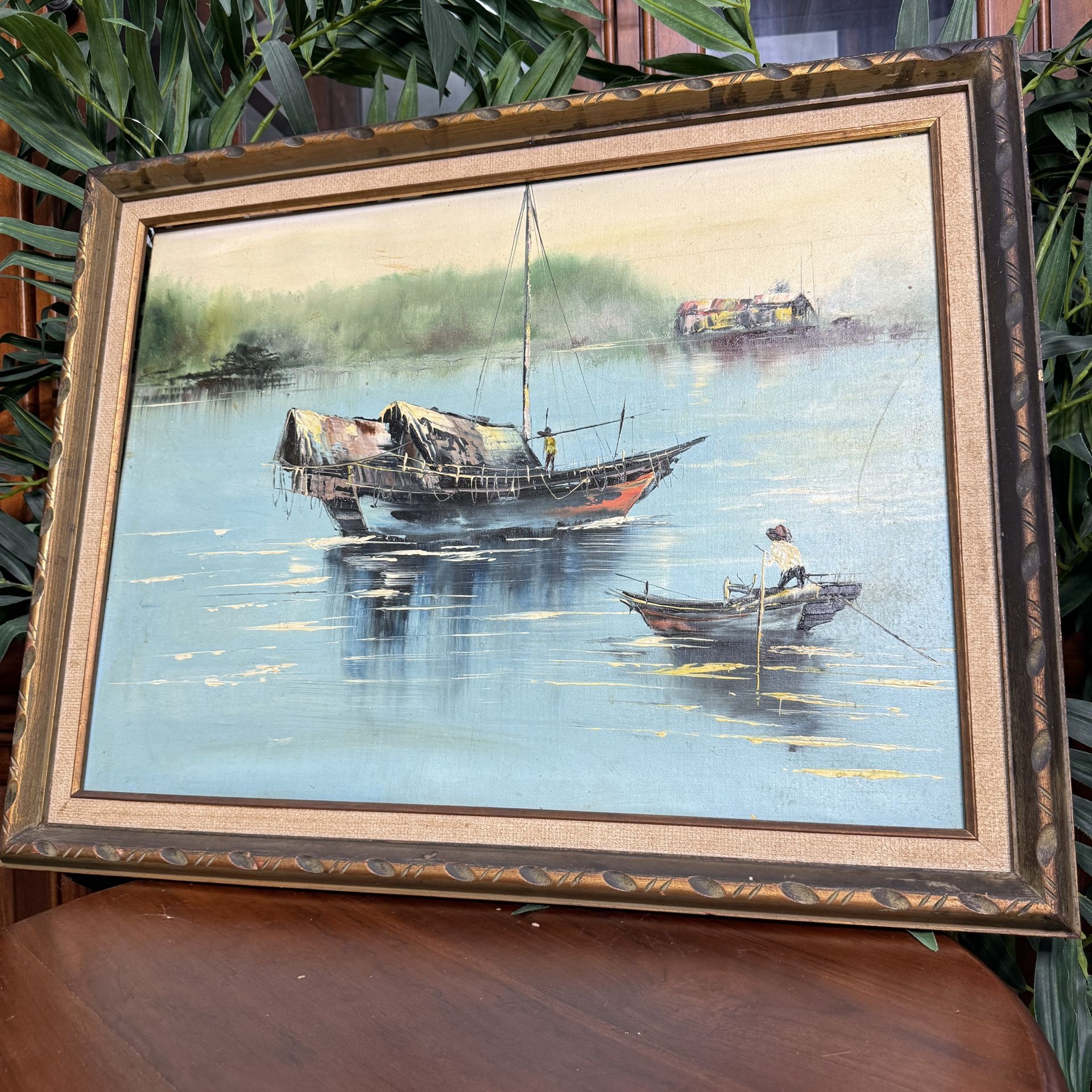 MCM Art Asian Fishermen Boat Painting