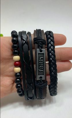 Adjustable Size up to 9.5inc Braided Multi-layer Leather Bracelet (Set of 4), Faith