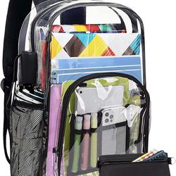 Clear Backpack Heavy Duty PVC Transparent Backpack Give Children's dinosaur pen bag (random pattern)*1+ stickers*50 (BLACK)