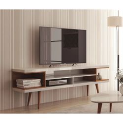 Utopia Contemporary Modern TV Stand with Storage Shelves in Maple Cream and White