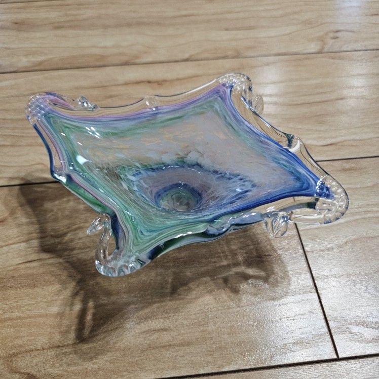 Vintage Murano 90's Italian Lavorazione Arte Hand Blown Pulled Glass Bowl Dish Home Decor Accent - Made in Italy