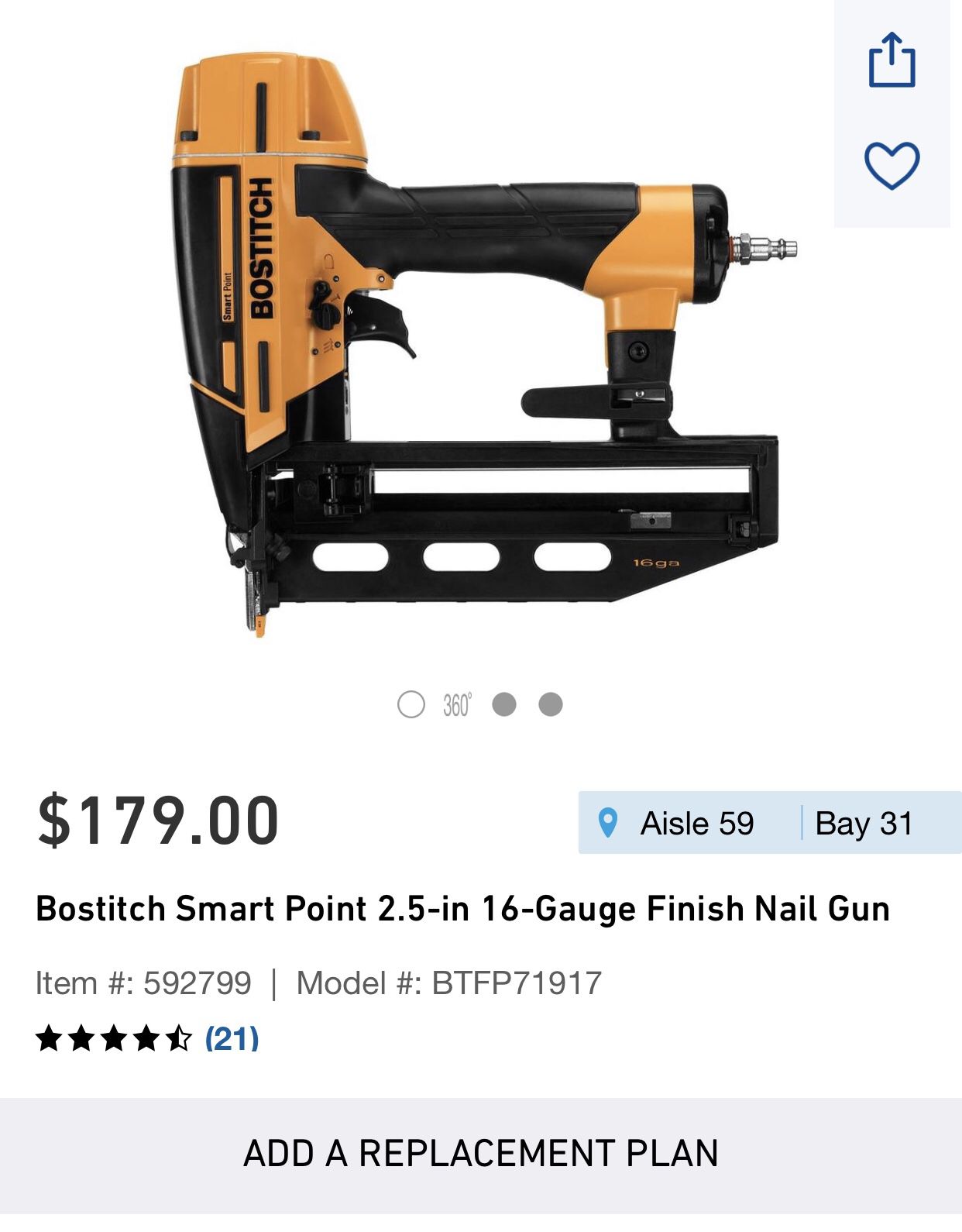 Bostitch Smart Point 2.5” 16 Gauge Finish Nail Gun