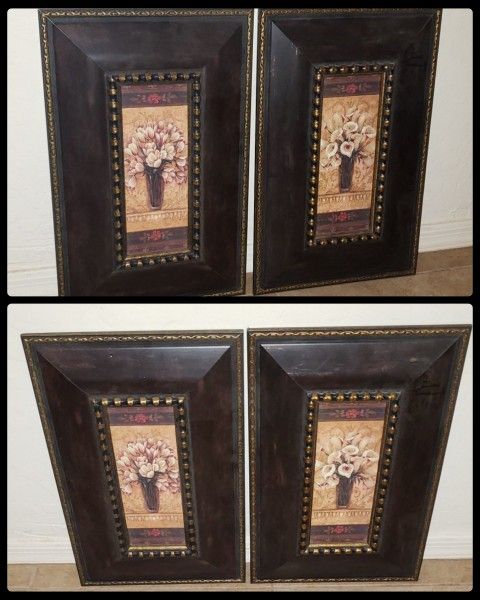X2 VINTAGE PAMELA GLADDING FLORAL FLOWER VASE BOUQUET FRAMED PAINTING PICTURE ART DUO ACCENT WALL DECOR SET
