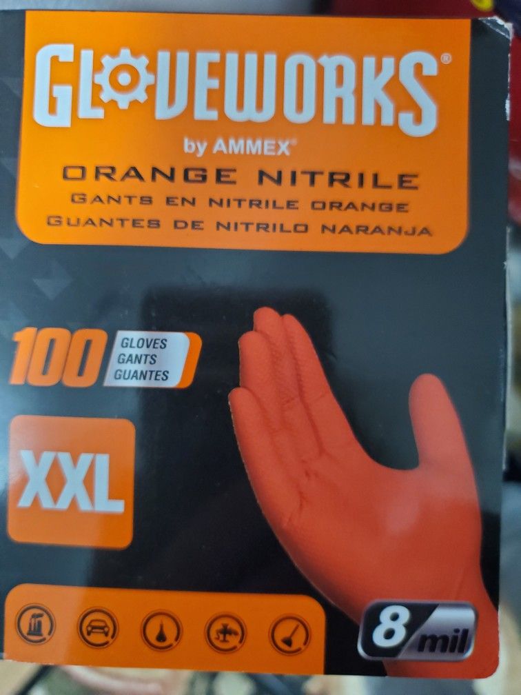 GloveWorks by Ammex Orange Nitrile Extra Thick 8mil.- Latex Free Gloves Size:XXL