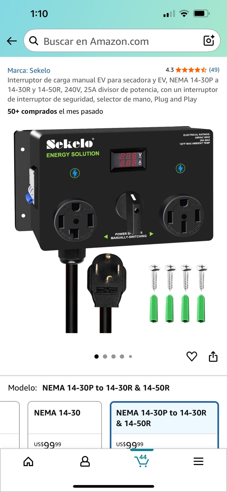 Interruptor de carga manual EV para secadora y EV, NEMA 14-30P a 14-30R y 14-50R, 240V, 25A divisor de potencia, con un interruptor de interruptor de