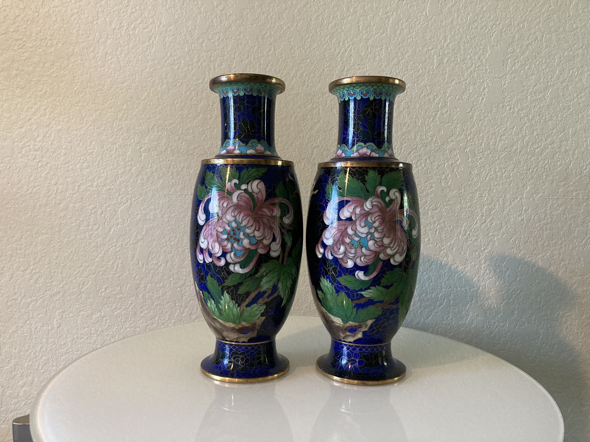 TWO Cloisonne Vase Flowers Blue and Turquoise 