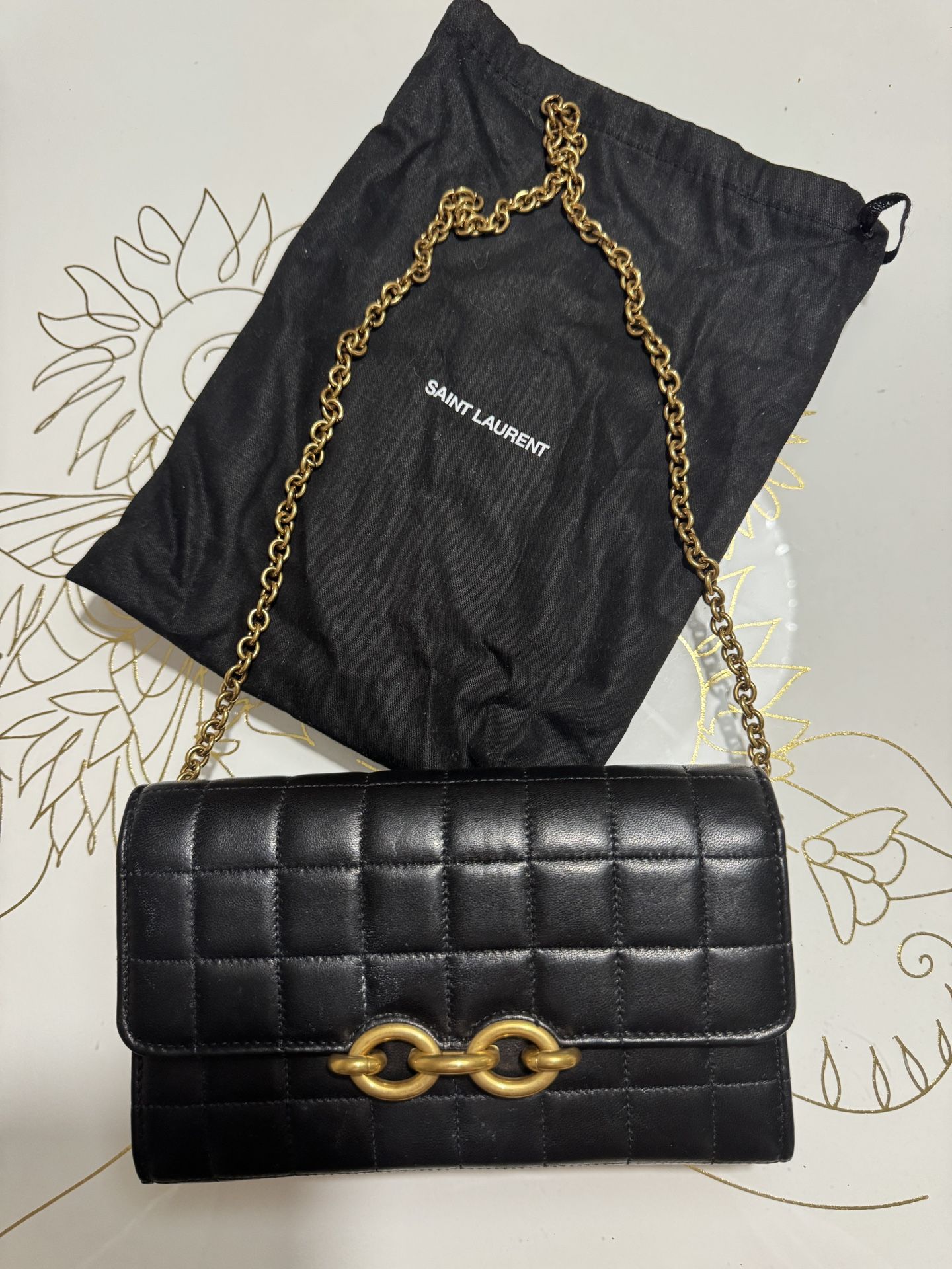 Saint Laurent Black and Gold Quilted Wallet on Chain