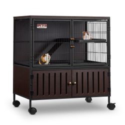 32.5''Small Animal Cage with Rolling Wheels and Storage Compartment