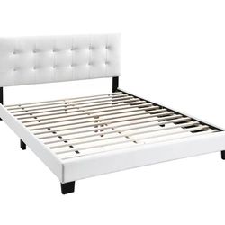 Queen Bed Frame White Faux Leather 