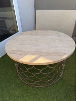 Round Stone Top Coffee Table with Metal Base