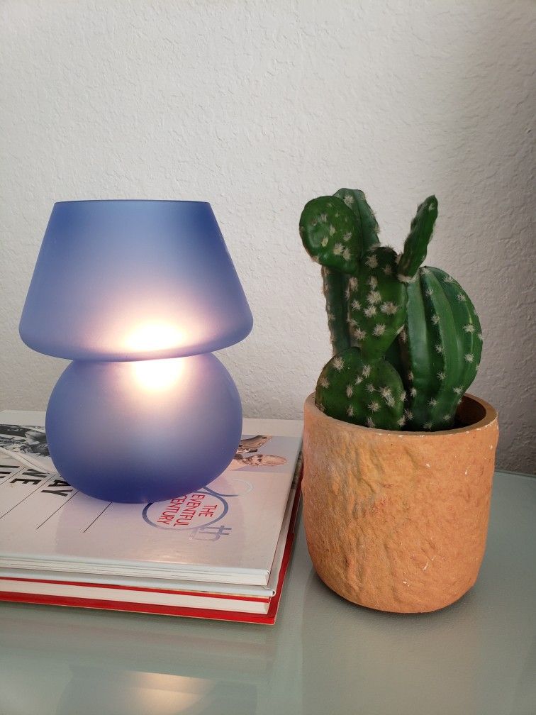 Vtg Cobalt Blue Frosted Glass Small Cute Mushroom Lamp