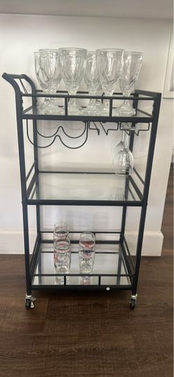 Black Metal Bar Cart with Glass Shelves