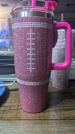 NEW 40oz PINK CRYSTAL Bling FOOTBALL w/straw