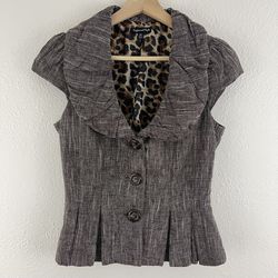 Vintage Y2K Jane Margolis Vibes Brown Silk Tweed Short Puff Sleeve Blazer Blouse