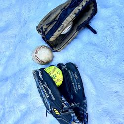 Two softball Gloves With 3 Balls