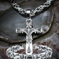 3-Pcs Men's Multi-Layer Titanium 2-Tone Cross Pendant With 24"Byzantine Chain Necklace & Bracelet Set 