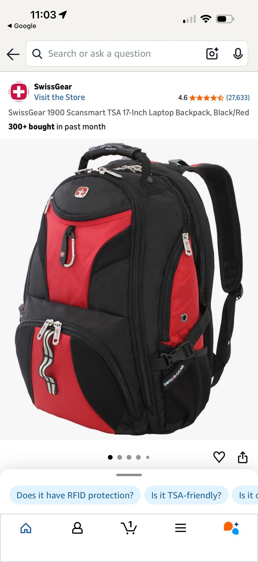 SwissGear 1900 ScanSmart TSA Laptop Backpack - Fits 17-Inch Laptop - Black/Red Travel Bag