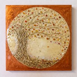 Arte contemporáneo Árbol de la Vida en madera, resina, citrino y ágata roja