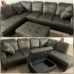 Brand New Espresso Grey Microfiber Sectional With Storage Ottoman 