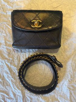 Authentic Vintage CHANEL Black Leather Waist Bag / Fanny Pack with Gold Chain Belt