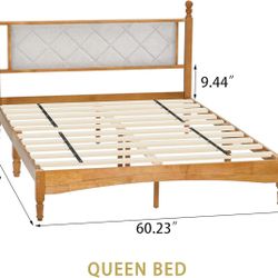 Queen Bed Frame with Fabric Upholstered Headboard, Solid Rubber Wood Foundation , Rustic Oak/White 