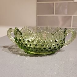 Vintage Fenton Green Hobnail Two-Handled Oval Dish Green Glass