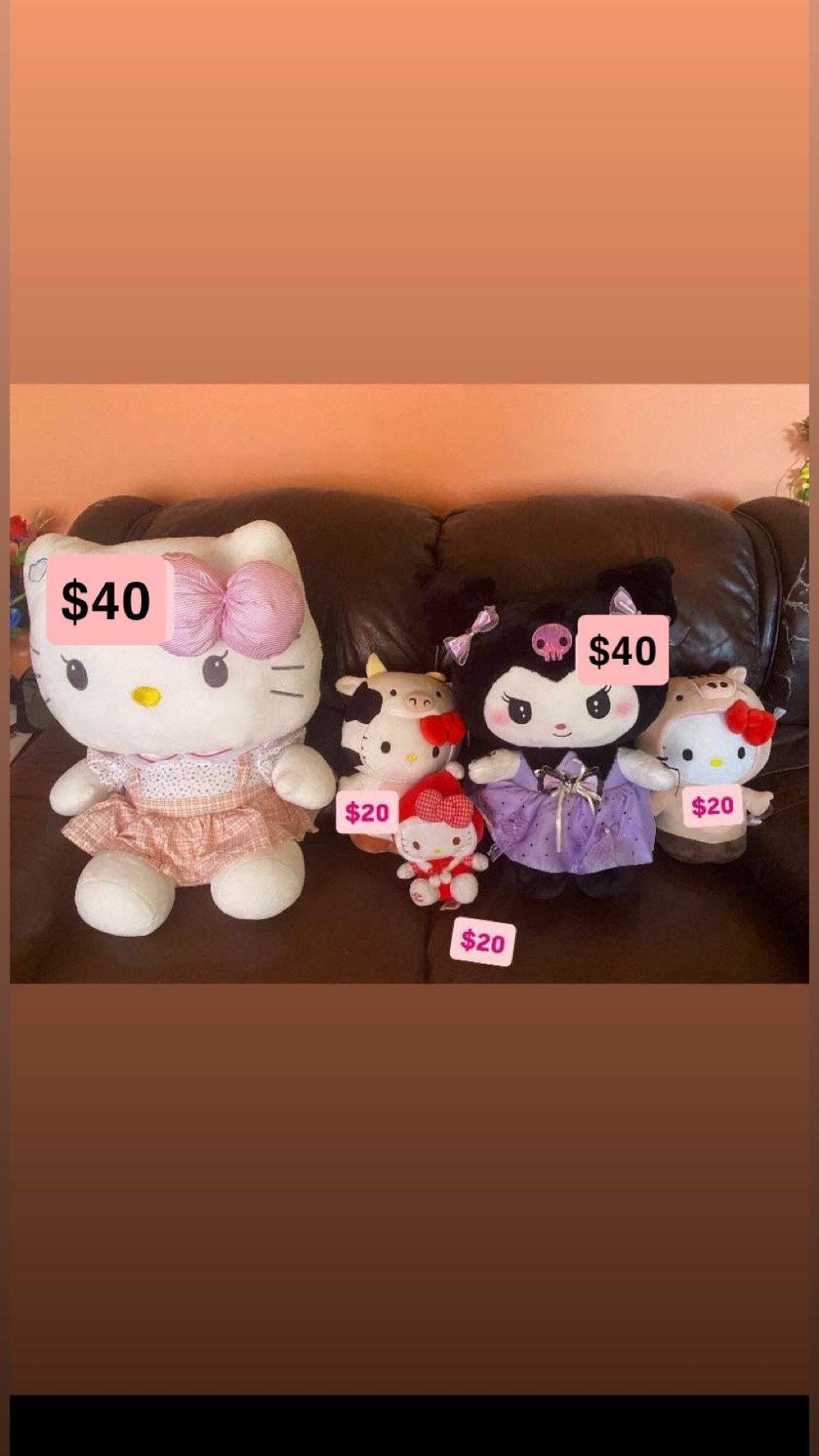 Hello kitty and kuromi plushies