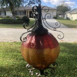 Vtg Mid Century modern Large Retro Hanging Swag Light Lamp Amber/Red Glass globe