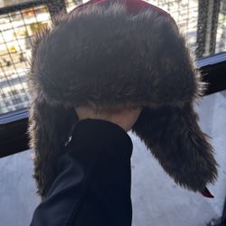 Cozy & Warm Faux Fur Hat – Grey with Bold Red/Black Pattern