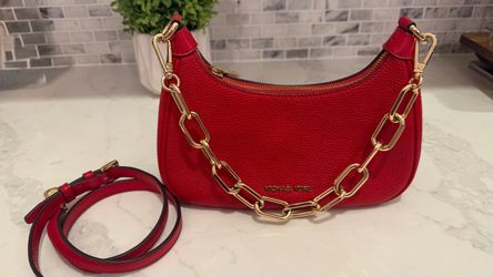 Michael Kors Cora Red Pebbled Leather Shoulder Bag with Gold Chain Strap