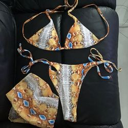 Shein Small Lizard Yellow White Blue Bikini 3 piece with Wrap Cover