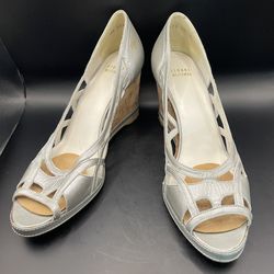 Stuart Weitzman Silver Metallic Leather Cork Wedge Sandals Peep Toe Cutout Sz 10