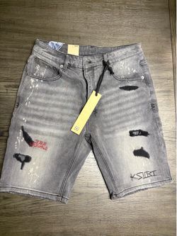 Grey denim shorts with paint splatter and embroidery’ 32 #denim #jorts