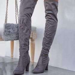 Gray Thigh High Stretch Over The Knee Pointed Toe Stretch Faux Suede Boots 9 