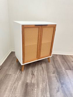 Boho Rattan Storage Cabinet Side Table Brand New in Box (Natural Bamboo Doors)