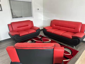3 Piece Leather Black And Red Sofa And Love Seat Set