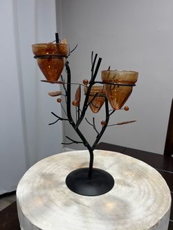 Metal Tree Branch Candle Holder 3 Amber Glass Votive Tealight Fall Centerpiece