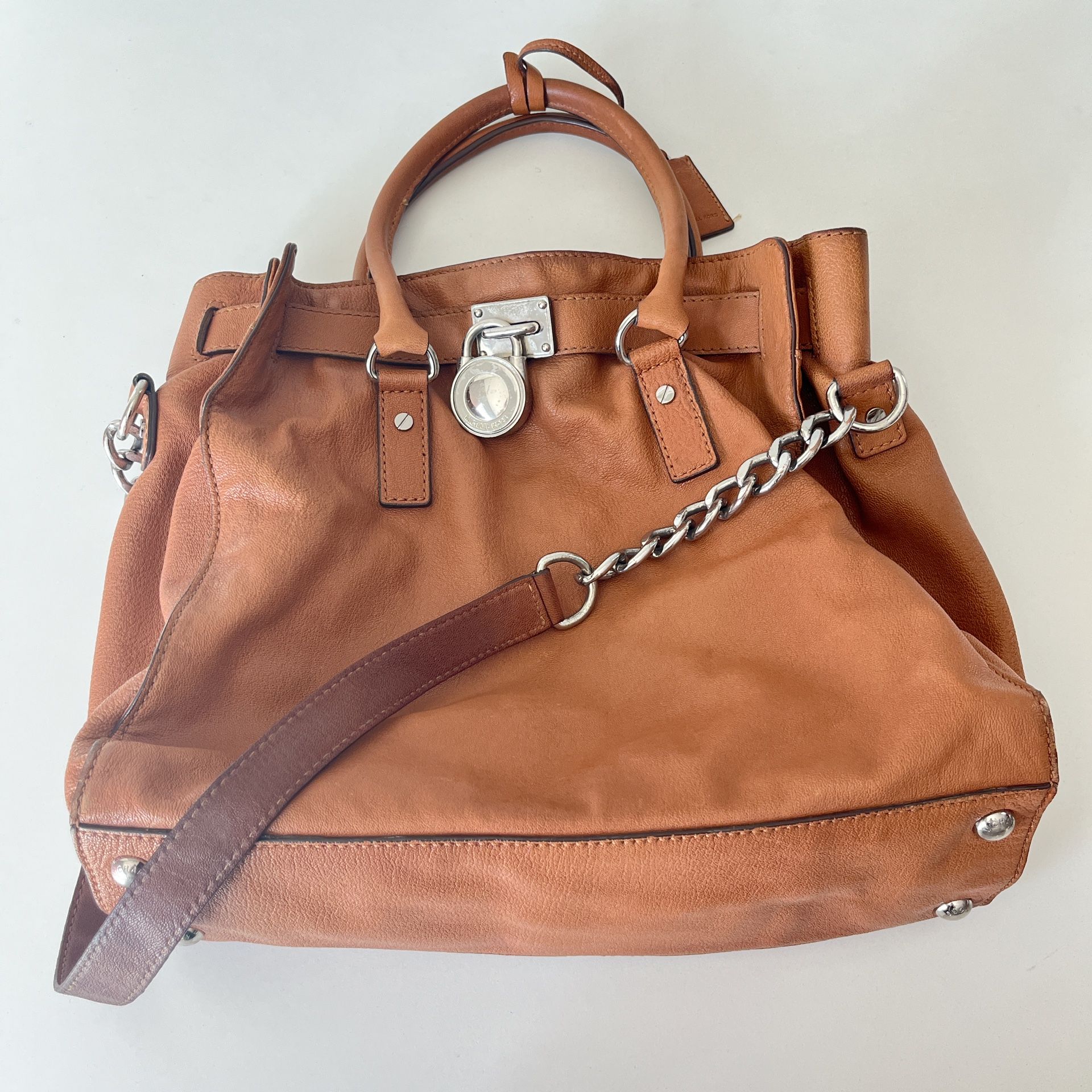 MICHAEL KORS HAMILTON LOCK TOTE COGNAC BROWN GENUINE LEATHER SHOULDER BAG