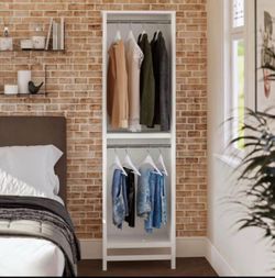 2-Shelf Double Clothing Rod Closet Tower, Ivory Oak