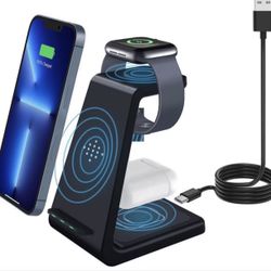 Wireless Charging Station, 3 in 1 Wireless Charger Fast Charging Stand Dock Compatible with Apple Watch Series 7 SE 6 5 4 3 2, AirPods 3 2 Pro, iPhone