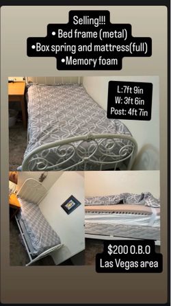 Full Size Bed Frame, Box Spring, Mattress & Memory Foam Topper - Complete Set