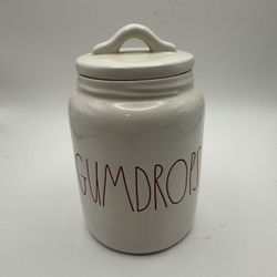 Rae Dunn Ceramic GUMDROPS Jar with Lid, Ivory with Red Letters
