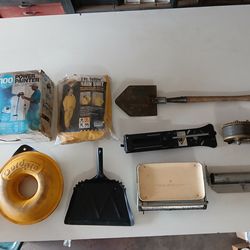 Assorted Tools: Army Folding Shovel, Rain Suit, Dust Pan, Cord Pro, Wagner Airless Paint Sprayer, Tile Cutter