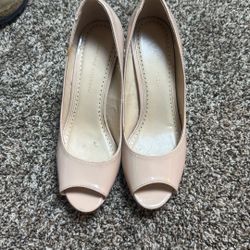 Adrienne Vittadini Nude Patent Leather Peep Toe Pumps