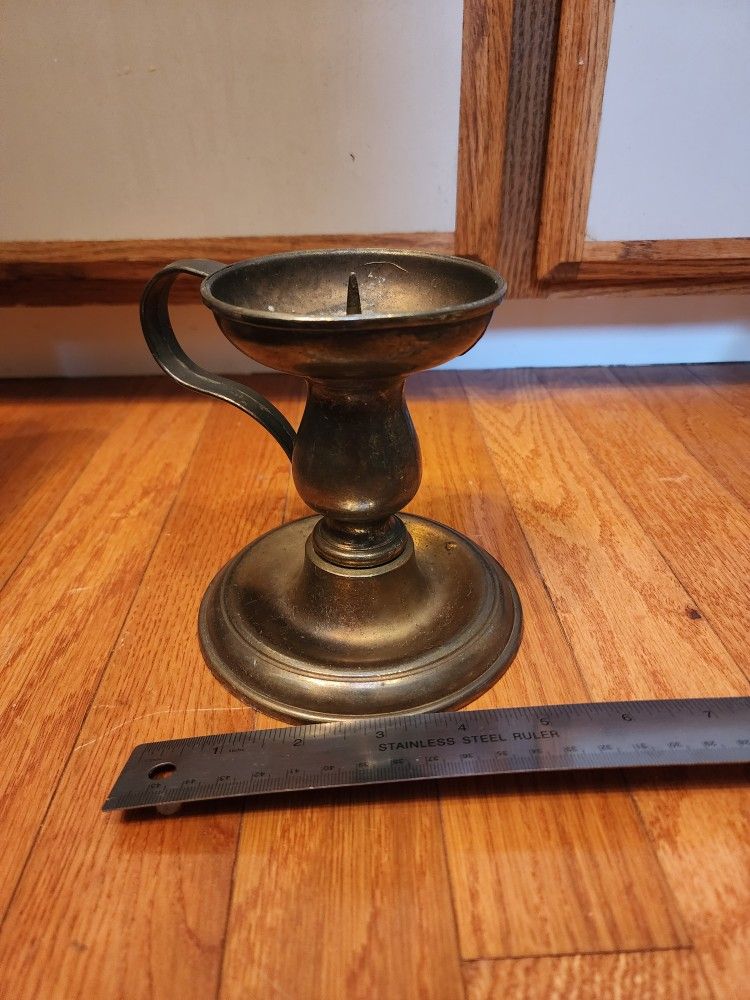 Vintage Brass Chamber Candlestick Holder With Handle And Drip Plate