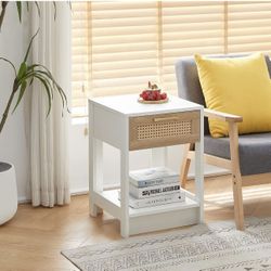 Nightstand, Set of 2, Boho Night Stand with Rattan Drawer (White)