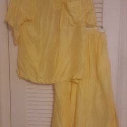 100% Silk 2 Piece Lemon Yellow Blouse & Skirt Sz M