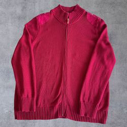 Lauren Ralph Lauren Red Full Zip Sweater Womens 2X Cotton Shoulder Patch Mock Neck
